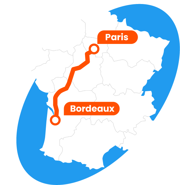 Carte du trajet Paris-Bordeaux pour le transport de voiture