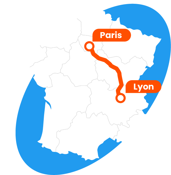Carte du trajet Paris-Lyon pour le transport de voiture