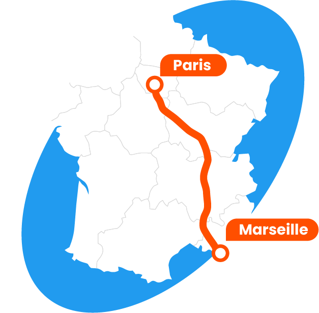 Carte du trajet Paris-Marseille pour le transport de voiture