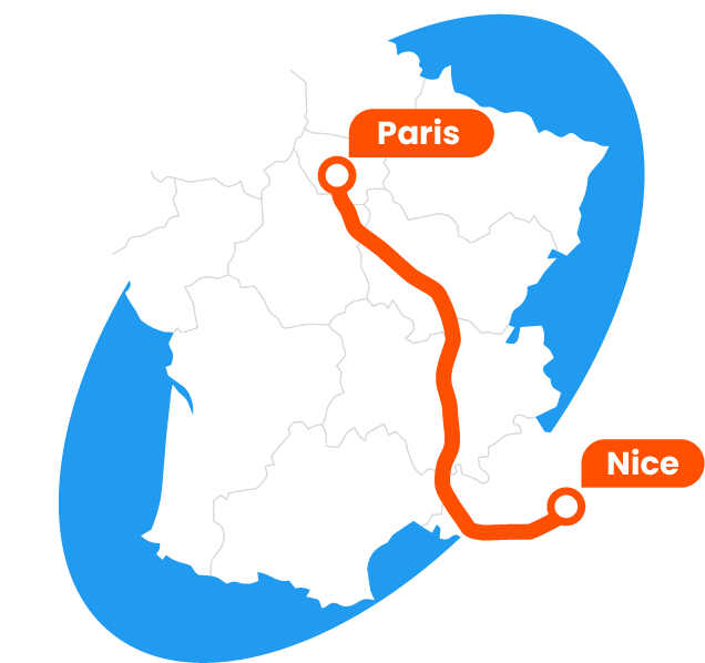 Carte du trajet Paris-Nice pour le transport de voiture