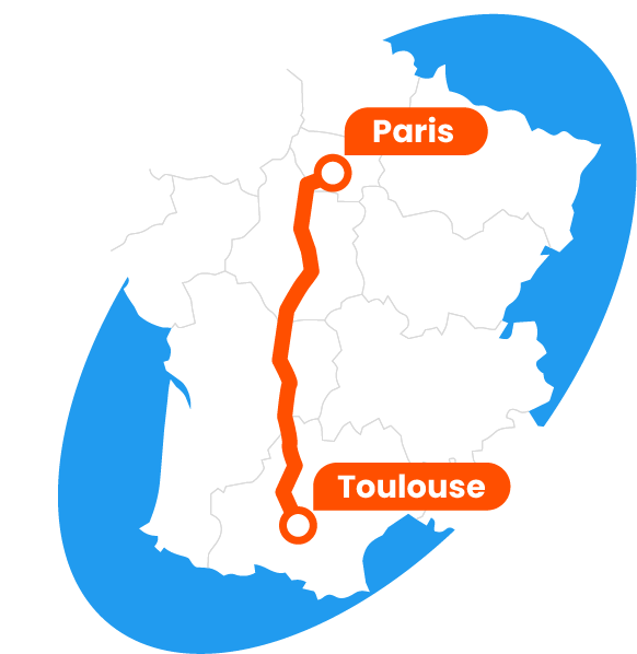 Carte du trajet Paris-Toulouse pour le transport de voiture